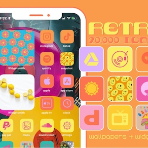 May include: A screenshot of a smartphone displaying a variety of app icons in a retro style. The icons are colorful and feature patterns like flowers, lemons, and smiley faces. The text "RETRO 20,000 ICONS" is displayed at the top of the image.
