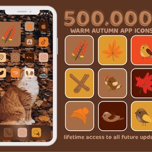 暖かい秋のアプリアイコン | 茶色、ベージュ、黄色、オレンジ、ニュートラル | 秋の美的ホーム画面 iPhone ウィジェット、テーマ、レイアウト