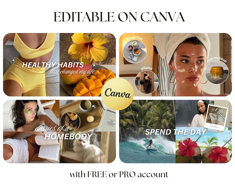 May include: A collage of images showing different lifestyle activities, including healthy habits, homebody routines, and spending time outdoors. The text "EDITABLE ON CANVA" appears at the top of the image, and the text "with FREE or PRO account" appears at the bottom. The text "Canva" appears in the center of the image.