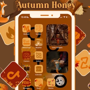 アプリアイコン 秋のハニー、秋、ニュートラルトーン、暖色、美的ホーム画面、森、茶色のウィジェットと壁紙、レイアウト iPhone、Android