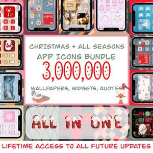 Op de afbeelding: Een collage van iPhone-schermen die een bundel van 3.000.000 kerst- en alle seizoenen-app-pictogrammen, achtergronden, widgets en citaten tonen. De tekst "CHRISTMAS + ALL SEASONS APP ICONS BUNDLE 3,000,000 WALLPAPERS, WIDGETS, QUOTES ALL IN ONE LIFETIME ACCESS TO ALL FUTURE UPDATES" wordt weergegeven op de afbeelding.