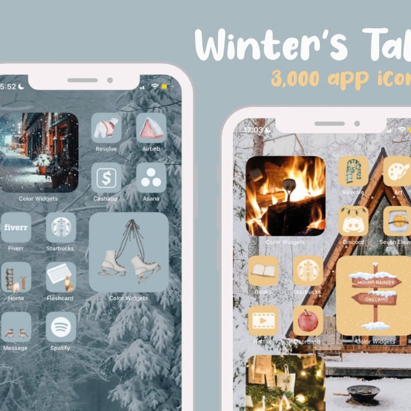 Winter’s Tale App Icons, snowy aesthetic, pink pastel, sky blue, green, yellow theme, cute widget illustrations, layout set