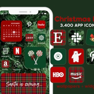 May include: A green and red plaid phone background with a calendar showing December 13th. The phone screen is filled with app icons, including Pinterest, Hulu, Uber, Netflix, Amazon, Messenger, and Widgetsmith. The text "Santa is coming..." is displayed at the bottom of the screen. The image also includes a collection of 3,400 app icons in a green and red plaid design.