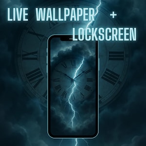May include: A smartphone displaying a live wallpaper with a stormy sky and a clock face with lightning striking through it. The text "LIVE WALLPAPER + LOCKSCREEN" is displayed above the phone.