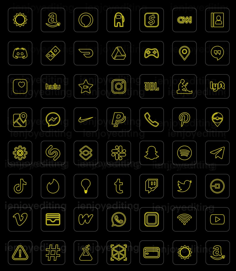 Neon Yellow App Icons Black Minimal Glow Trendy Theme Etsy