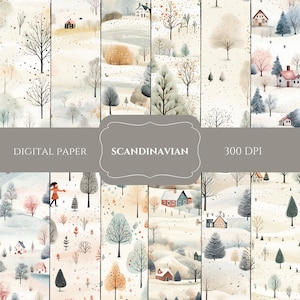 May include: A set of six digital paper designs featuring a Scandinavian winter scene with houses, trees, and snow. The papers are 300 DPI and ideal for crafting projects.