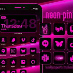 App Icons Neon Pink Black Pink, Aesthetic Home Screen Colorful App Icons, Widgets Neon, iPhone, Android image 1