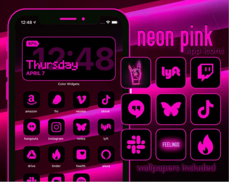 App Icons Neon Pink Black Pink, Aesthetic Home Screen Colorful App Icons, Widgets Neon, iPhone, Android image 1