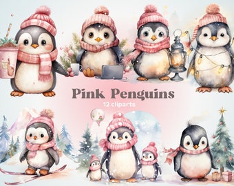 Clipart Baby Pink Penguin Winter PNG Template Christmas Scratchbook Stickers Holiday Sublimation