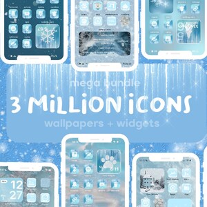 May include: A collection of phone screens with blue and white winter-themed icons and wallpapers. The text "mega bundle 3 MILLION ICONS wallpapers + widgets" is displayed on a blue background.
