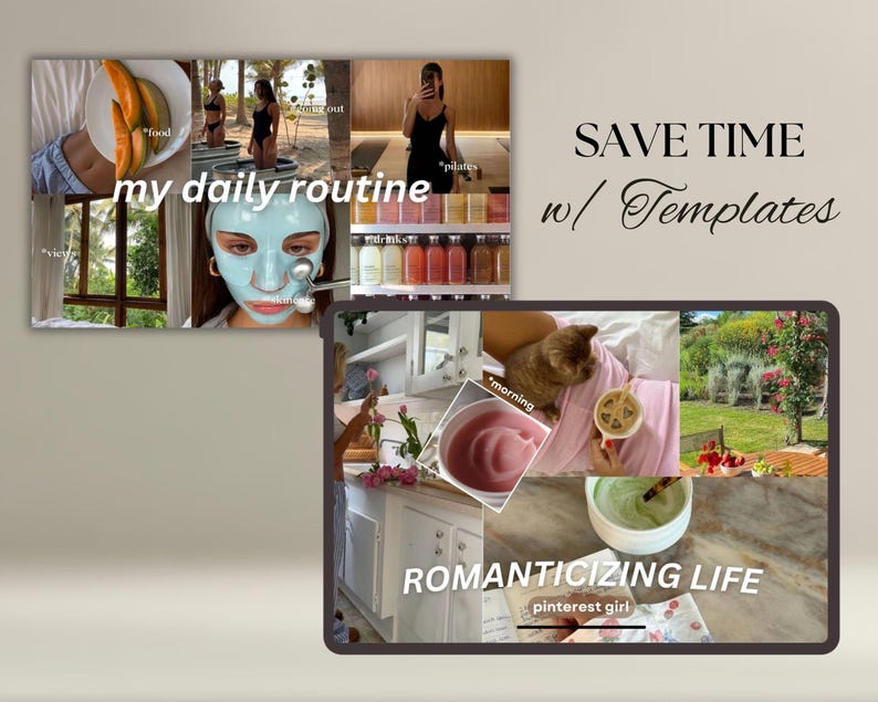 May include: A collage of images showing a woman's daily routine, with text overlays that say "my daily routine" and "SAVE TIME w/ Templates". The images include a woman eating fruit, a woman working out, a woman applying a face mask, a woman drinking a smoothie, and a woman relaxing in bed. The collage is set against a light brown background.
