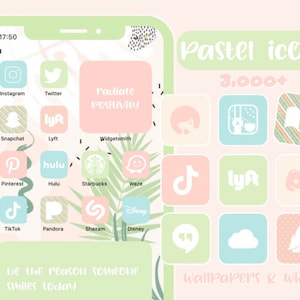 May include: A pastel-colored phone screen with a variety of app icons, including Instagram, Twitter, Snapchat, Lyft, Pinterest, Hulu, Starbucks, Waze, TikTok, Pandora, Shazam, and Disney. The phone screen also has the text "radiate positivity" and "be the reason someone smiles today".