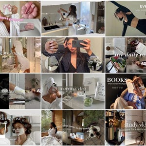 May include: A collage of images featuring various lifestyle and wellness activities, including self-care routines, morning vlogs, study sessions, and a day in the life. The images are arranged in a grid format and include text overlays such as "self-care routine", "morning vlog", "spend the day with me", "bath routine", "my daily routine", "study vlog", "books that worth the hype", "a day in my life", and "everything you need to know to start with pilates".