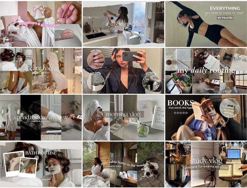 May include: A collage of images featuring various lifestyle and wellness activities, including self-care routines, morning vlogs, study sessions, and a day in the life. The images are arranged in a grid format and include text overlays such as "self-care routine", "morning vlog", "spend the day with me", "bath routine", "my daily routine", "study vlog", "books that worth the hype", "a day in my life", and "everything you need to know to start with pilates".