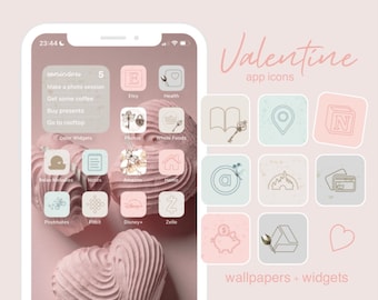 Valentine’s Day App Icons, pink pastel, light blue, beige, neutral tones, cute aesthetic home screen iphone and android