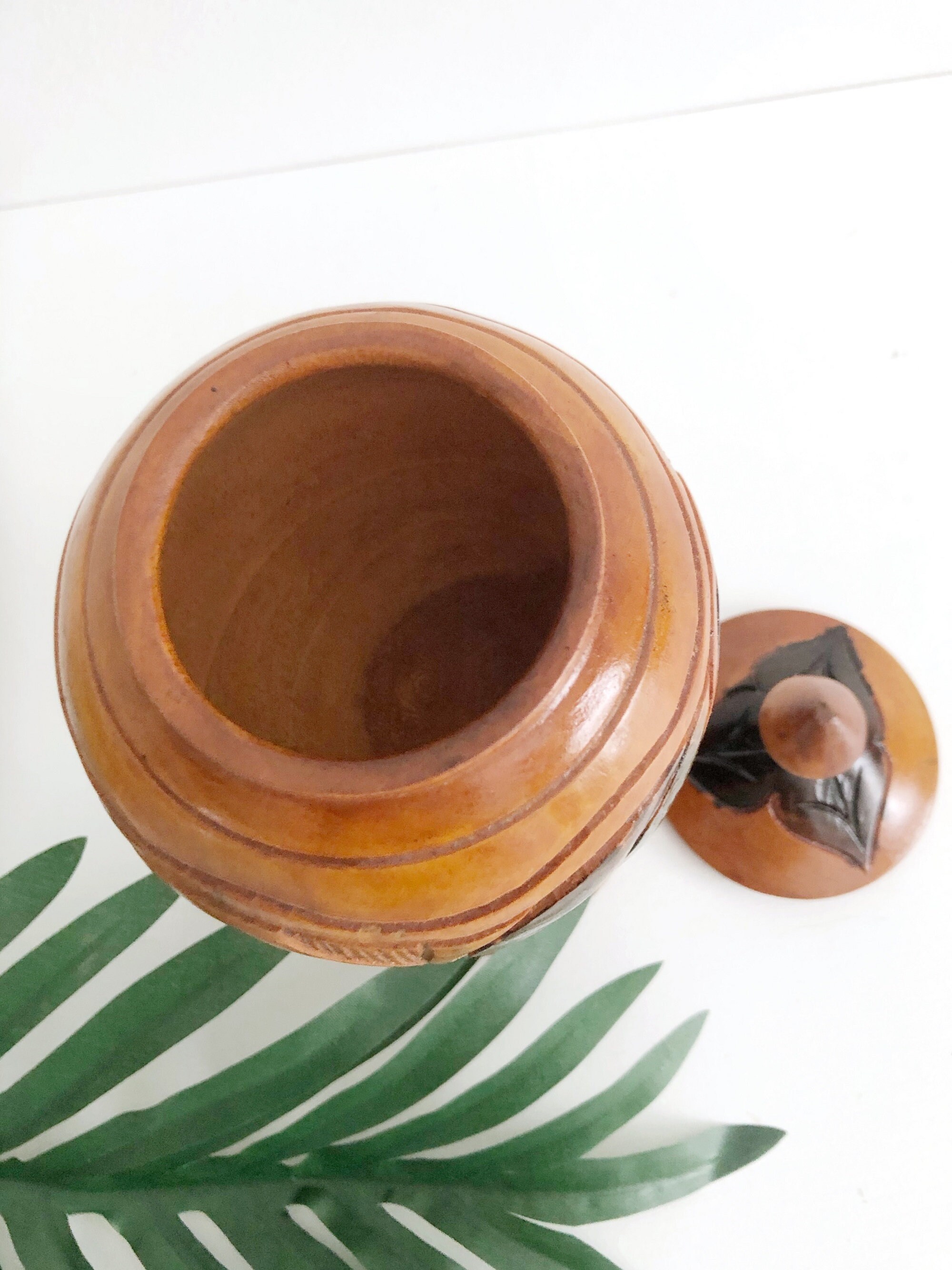 Vintage Solid Wood Footed Vase With Lid/hand Carved Wood Bowl Etsy