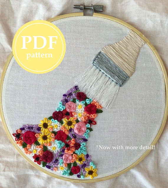 Hand Embroidery Pattern- Floral Paintbrush~ Digital Download PDF