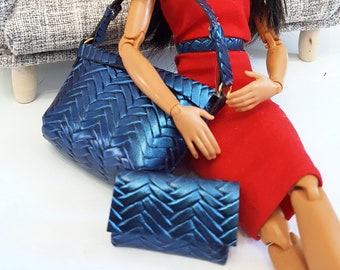 Blue Basketweave Miniature Handbag, 1:6 Scale Doll Purse
