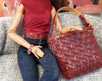 Burgundy Doll Handbag, Miniature Purse and Wallet, 1:6 Scale