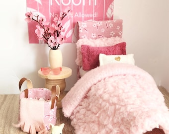 Pink doll bedroom, 1:12 scale bedroom furniture, girls birthday gift set