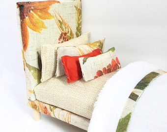 Modern Doll Bedroom Set: Fabric Bed, Wood Nightstand, Pillows