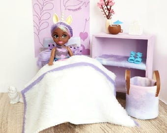Miniature doll bed, lavender doll bedroom furniture