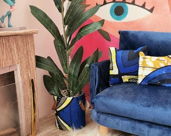 Handmade African Fabric Dollhouse Planter, Olive Branch Greenery
