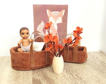 Miniature doll bassinet set, miniature nursery furniture, dollhouse miniatures