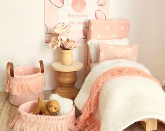 Pink doll bed, doll bedroom furniture, 1:12 scale furniture