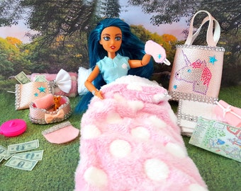 Doll Camping Set: Miniature Sleeping Bag, Unicorn Tote, & Accessories