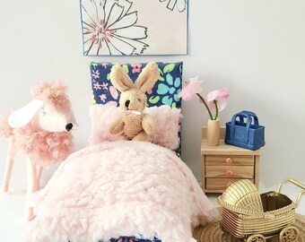 Blue floral doll bedroom set, 1:12 scale doll bed
