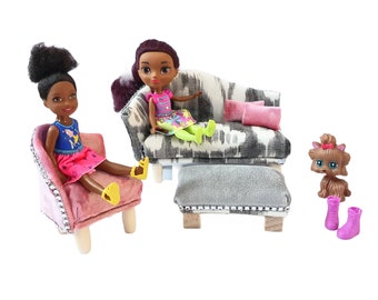 Girls birthday gift, miniature living room set, doll living room set, miniature chaise sofa, gray doll sofa, big girl toys, modern dollhouse