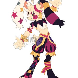 May include: A digital illustration of a rabbit-like character in a jester costume. The character has cream-colored fur, a diamond-shaped face marking, and a jester collar. The costume includes star-patterned ears, checkered leggings, and a purple and gold color scheme. The text "METASAKI FOR SALE - DO NOT USE" is visible.