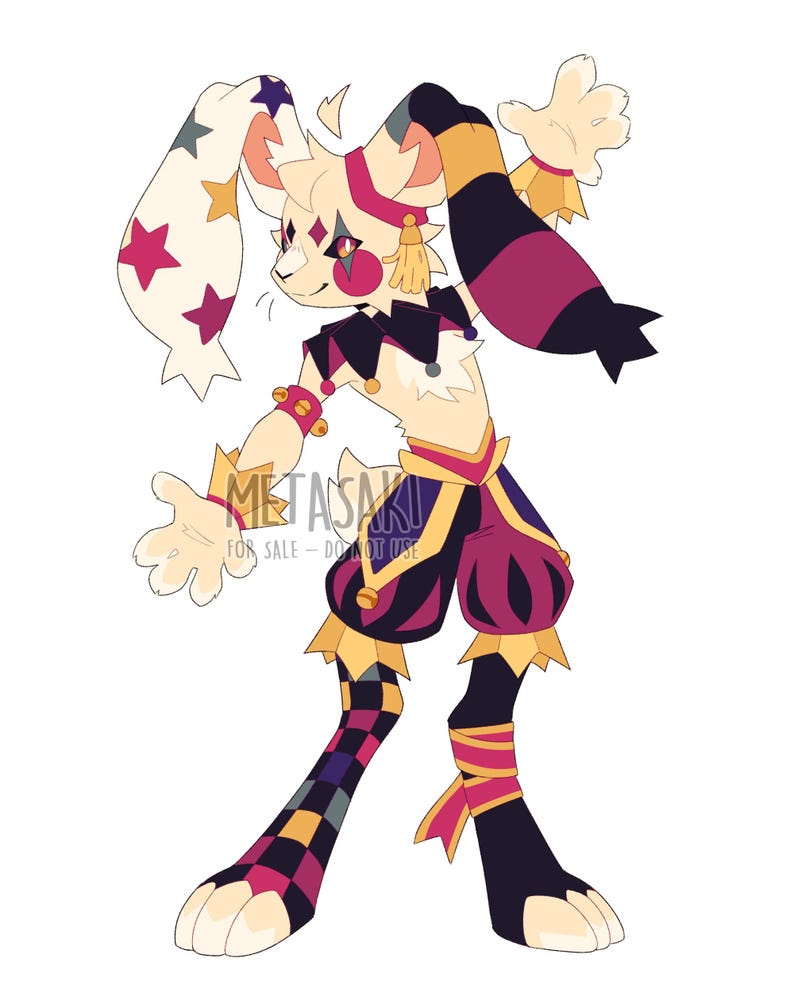 May include: A digital illustration of a rabbit-like character in a jester costume. The character has cream-colored fur, a diamond-shaped face marking, and a jester collar. The costume includes star-patterned ears, checkered leggings, and a purple and gold color scheme. The text "METASAKI FOR SALE - DO NOT USE" is visible.