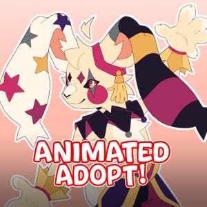 May include: A cartoon character illustration with a cream-coloured face, pink cheeks, and diamond-shaped markings. The character has large, floppy ears with star patterns and wears a jester-like collar. The text "ANIMATED ADOPT!" is displayed in a red banner.