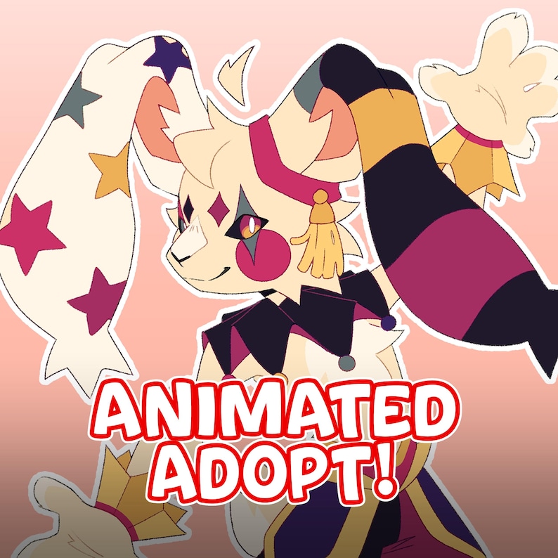 May include: An illustration of a cartoon character with a cream-colored face, pink cheeks, and diamond-shaped markings. The character has large, floppy ears with star patterns and wears a jester-like collar. The text "ANIMATED ADOPT!" is displayed in a red banner.