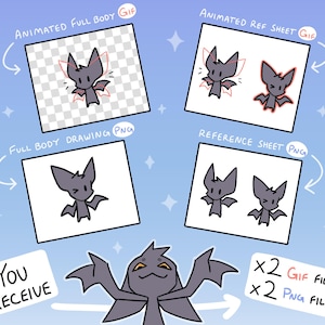May include: An illustration featuring a cartoon bat in various poses. The image includes animated GIFs and PNG files, with text indicating "You RECEIVE" and file types. The bat is gray with red accents, and the overall design is whimsical.
