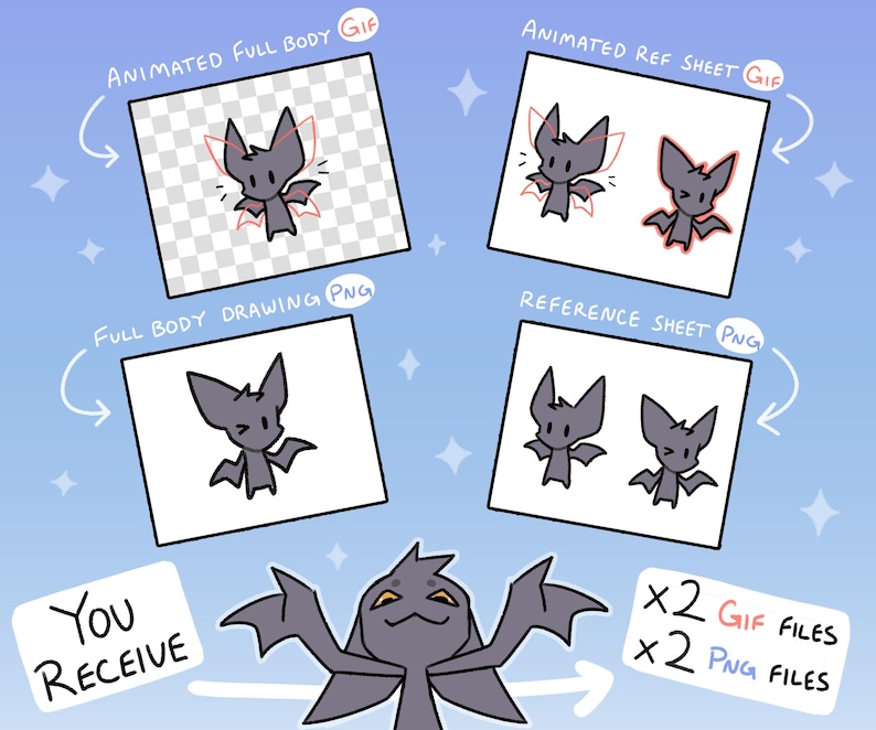 May include: An illustration featuring a cartoon bat in various poses. The image includes animated GIFs and PNG files, with text indicating "You RECEIVE" and file types. The bat is gray with red accents, and the overall design is whimsical.