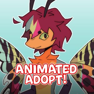 May include: A digital illustration of a moth-like character with magenta hair, orange skin, and large patterned wings featuring black, yellow, and pink spots. The text ANIMATED ADOPT! is displayed in bold white letters with a red outline across the center.