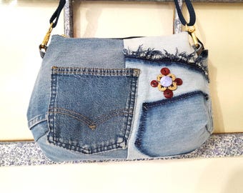Denim crossbody purse, repurposed jeans cross body bag