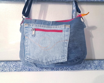 Repurposed denim cross body bag,  patchwork jeans purse