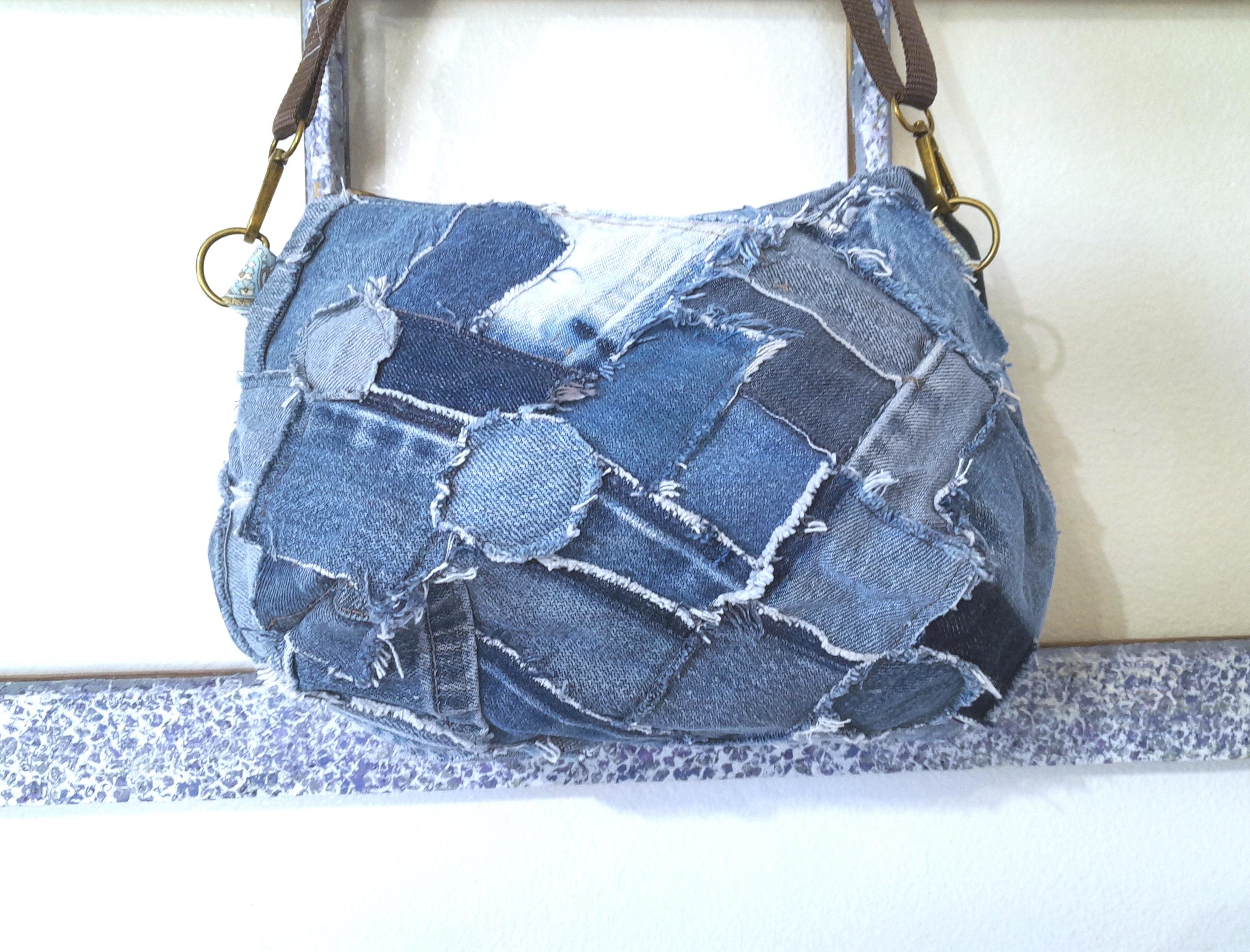 Denim frayed patchwork cross body purse, repurposed jeans crossbody bag