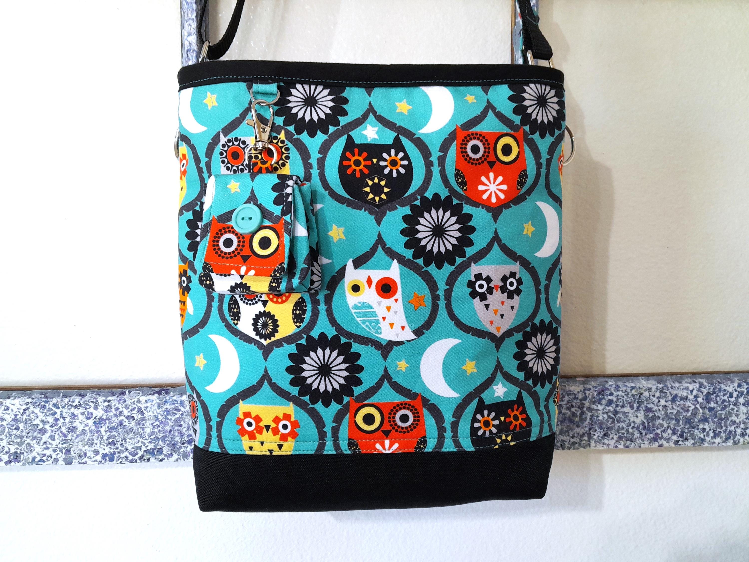 Owl cross body purse, modern fabric zippered crossbody bag