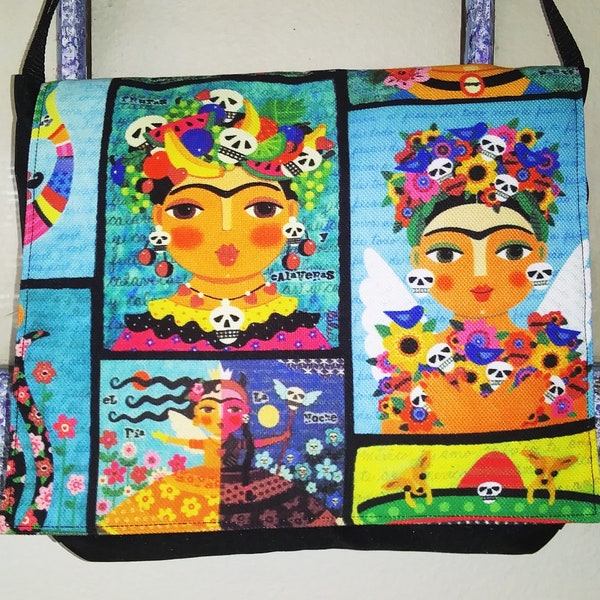 Mexican folk art crossbody bag, novelty print cross body, canvas purse