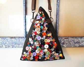 Button art cross body bag, triangle zippered purse