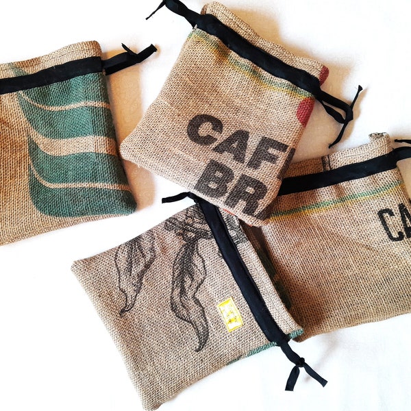 4 drawstring gift bags, coffee sack mini bags, burlap cinch top pouch