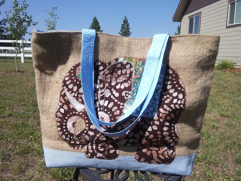 Large elephant bag in repurposed burlap from a coffee shipping sack