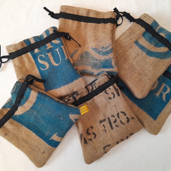 6 drawstring gift bags, coffee sack mini bags, burlap cinch top pouch