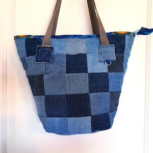 Denim patches handbag, zippered top two handle purse