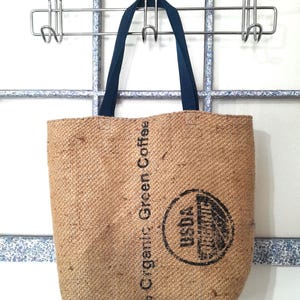 A burlap coffee sack tote bag.